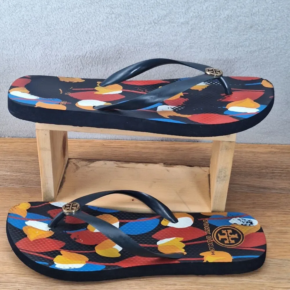 Tory Burch Women's 11 Thin Flip Flops Navy Blue Floral Print Logo Thongs Sandals